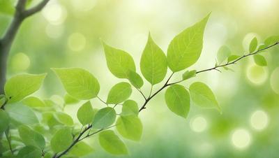 The primary subject of the image is a close-up of a leafy green tree branch. The setting is a lush green forest, with the background filled with more trees. The visual style is a natural, realistic representation of the scene. The dominant colors are green, which creates a calm and serene atmosphere.
