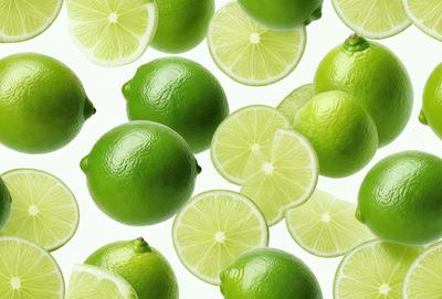 The primary subject of the image is a large group of green limes. They are arranged in various positions, covering the entire frame. The limes are placed on a white background, which creates a clean and simple visual style. The dominant colors in the image are green, which is the color of the limes, and white, which serves as the background. The overall atmosphere of the image is fresh and vibrant, as the limes are the main focus and are prominently displayed.