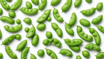 The primary subject of the image is a large number of green beans, which are arranged in a pattern on a white background. The beans are displayed in various shapes and sizes, creating a visually appealing and colorful scene. The visual style of the image is a combination of photo and digital art, as it captures the natural beauty of the beans while also showcasing their arrangement in a creative manner. The colors and mood of the image are predominantly green, which adds to the fresh and vibrant