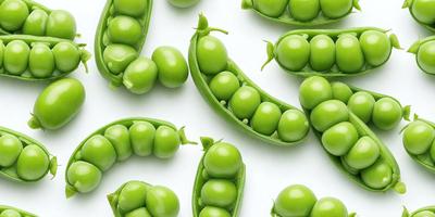 The primary subject of the image is a large number of green peas, which are displayed in various positions and orientations. The setting is a white background, which provides a clean and uncluttered look to the image. The visual style is a close-up of the peas, showcasing their details and textures. The colors and mood of the image are predominantly green, which gives a fresh and natural feel to the scene.