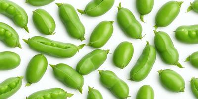 The primary subject of the image is a large group of green peas. They are arranged in a pattern on a white background, creating a visually appealing and colorful display. The peas are the main focus of the image, and their vibrant green color adds a lively and fresh atmosphere to the scene.
