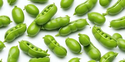 The primary subject of the image is a large group of green peas. They are displayed on a white surface, which creates a clean and minimalist visual style. The peas are arranged in various positions, with some overlapping and others standing alone. The overall atmosphere is fresh and vibrant, as the green color of the peas is the dominant feature in the image.