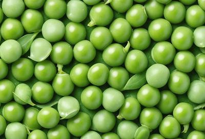 The primary subject of the image is a large pile of green peas. The peas are arranged in a pattern, creating a visually appealing display. The setting is a green background, which complements the vibrant color of the peas. The visual style of the image is a close-up of the peas, showcasing their texture and details. The colors and mood of the image are predominantly green, giving it a fresh and natural feel.