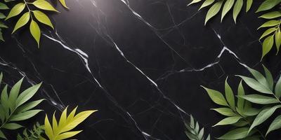 The primary subject of the image is a marble countertop with a black background. The setting is a kitchen or bathroom environment. The visual style is a combination of photo and digital art, creating a realistic yet artistic representation of the marble countertop. The colors and mood are predominantly black and white, giving the image a modern and sophisticated appearance.