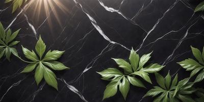 The primary subject of the image is a green leaf, which is placed on a black marble surface. The leaf is positioned in the center of the image, and it appears to be the main focus of the scene. The setting is a black marble countertop, which serves as the background for the leaf. The visual style of the image is a close-up of the leaf, emphasizing its texture and details. The colors in the image are predominantly black and green, creating a contrast between the leaf and the marble surface