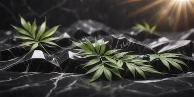 The primary subject of the image is a close-up of a leafy plant, possibly a fern, with a black background. The plant is placed on a marble surface, which adds a sense of sophistication to the scene. The visual style of the image is a combination of photo and digital art, creating a realistic yet artistic representation of the plant. The colors in the image are predominantly green, which is the color of the plant, and the overall atmosphere is one of natural beauty and elegance.