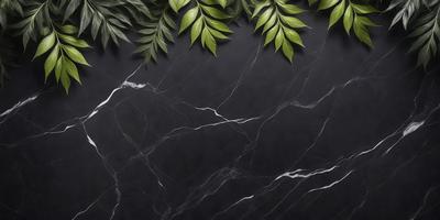 The primary subject of the image is a marble countertop with a black background. The countertop features a pattern of white and black veins, giving it a unique and elegant appearance. The setting appears to be a kitchen or a similar space where the countertop is used for food preparation or display. The visual style of the image is a close-up of the marble countertop, highlighting its intricate vein pattern. The colors and mood of the image are predominantly black and white, creating a sophistic