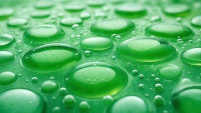 The primary subject of the image is a close-up of a green surface, possibly a piece of fabric or a wall, with numerous small green bubbles or droplets covering it. The setting appears to be a room with a green background, and the visual style is a close-up of the green surface. The colors and mood of the image are predominantly green, creating a calm and soothing atmosphere.