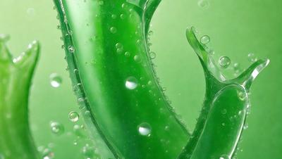 The primary subject of the image is a close-up of a green plant with water droplets on it. The plant appears to be a leaf or a piece of a leaf, and the water droplets are scattered across its surface. The setting is a green background, which provides a natural and vibrant atmosphere. The visual style of the image is a close-up, which emphasizes the details of the plant and the water droplets. The colors and mood of the image are predominantly green, which is associated