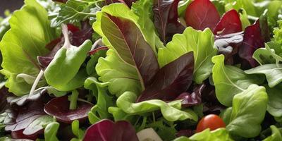 The primary subject of the image is a close-up of a salad with a variety of greens, including red lettuce and spinach. The salad is placed on a dining table, which serves as the setting for the scene. The visual style of the image is a photo, capturing the vibrant colors and textures of the salad. The dominant colors in the image are green, red, and purple, creating a fresh and healthy atmosphere.