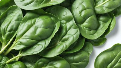 The primary subject of the image is a large pile of green leaves, which are likely spinach leaves. The leaves are arranged in a stack, with some overlapping each other. The setting is a white surface, which provides a clean and simple backdrop for the leaves. The visual style of the image is a close-up of the leaves, showcasing their texture and details. The dominant colors in the image are green, which is the color of the leaves, and white, which is the color of the surface. The overall