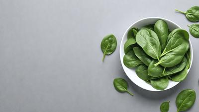 The primary subject of the image is a bowl filled with green leaves, likely spinach. The bowl is placed on a gray surface, which serves as the setting or background. The visual style of the image is a close-up of the spinach, showcasing the vibrant green color and texture of the leaves. The overall atmosphere of the image is fresh and healthy, as the spinach is a nutritious and popular ingredient in various dishes.