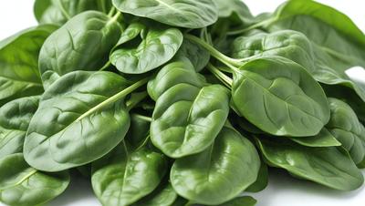 The primary subject of the image is a large pile of fresh green spinach leaves. The leaves are arranged in a bunch, and they are placed on a white surface. The visual style of the image is a close-up of the spinach leaves, showcasing their vibrant green color and texture. The overall atmosphere of the image is fresh and healthy, as the spinach leaves are a common ingredient in various dishes and are known for their nutritional benefits.