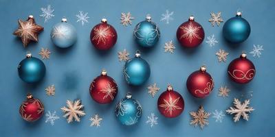 The primary subject of the image is a collection of Christmas ornaments. The ornaments are hanging from a blue background, creating a festive and holiday atmosphere. The ornaments are a mix of red, blue, and white colors, adding to the cheerful and celebratory mood of the scene. The visual style of the image is a close-up of the ornaments, showcasing their intricate details and designs.