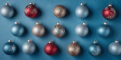 The primary subject of the image is a collection of Christmas ornaments. There are six ornaments in total, each with a unique design and color. The ornaments are displayed on a blue wall, which serves as the setting and background for the scene. The visual style of the image is a close-up of the ornaments, showcasing their intricate details and patterns. The colors and mood of the image are festive and joyful, as the ornaments are associated with the holiday season.