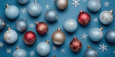 The primary subject of the image is a collection of Christmas ornaments. These ornaments are hanging from a blue background, creating a festive and holiday atmosphere. The ornaments come in various shapes, sizes, and colors, adding visual interest and diversity to the scene. The overall mood of the image is joyful and celebratory, as it showcases the beauty and charm of these Christmas decorations.