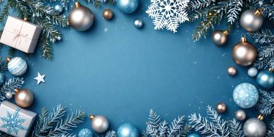 The primary subject of the image is a blue background with a variety of Christmas ornaments, including pinecones, snowflakes, and gold balls. The setting is a festive holiday scene, and the visual style is a combination of digital art and illustration. The colors and mood of the image are predominantly blue and white, creating a calm and serene atmosphere.