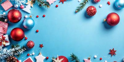 The primary subject of the image is a blue background with a pattern of Christmas ornaments, including stars and pine trees. The setting is a festive and holiday-themed environment. The visual style is a combination of digital art and illustration, creating a vibrant and colorful scene. The dominant colors are blue, red, and white, giving the image a warm and cheerful atmosphere.