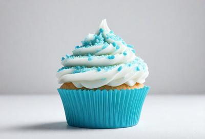 The primary subject of the image is a cupcake with blue frosting. The cupcake is placed on a white surface, which serves as the background. The visual style of the image is a close-up of the cupcake, showcasing its details. The dominant colors in the image are blue and white, creating a visually appealing and appetizing scene.