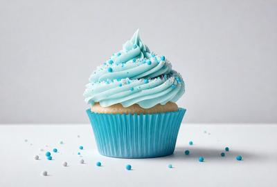 The primary subject of the image is a cupcake with blue frosting and blue sprinkles. The cupcake is placed on a white surface, which serves as the background. The visual style of the image is a close-up of the cupcake, showcasing its details. The dominant colors in the image are blue and white, creating a calm and visually appealing atmosphere.