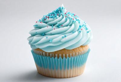 The primary subject of the image is a cupcake with blue and white frosting. The cupcake is placed on a white surface, which serves as the background. The visual style of the image is a close-up of the cupcake, showcasing its details. The dominant colors in the image are blue and white, creating a visually appealing and appetizing scene.