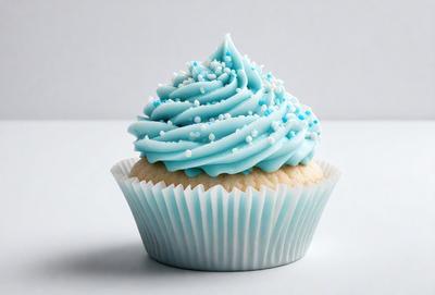 The primary subject of the image is a cupcake with blue frosting and white sprinkles. The cupcake is placed on a white surface, which serves as the background. The visual style of the image is a close-up of the cupcake, showcasing its details. The dominant colors in the image are blue and white, creating a sweet and visually appealing atmosphere.