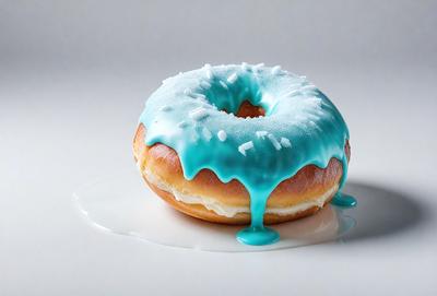 The primary subject of the image is a donut with blue frosting and white sprinkles. The donut is placed on a white surface, which serves as the background. The visual style of the image is a photo, capturing the details of the donut and its toppings. The dominant colors in the image are blue and white, creating a fun and playful atmosphere.