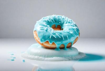 The primary subject of the image is a blue frosted donut with white icing. The donut is placed on a white surface, which serves as the background. The visual style of the image is a photo, capturing the details of the donut and its frosting. The dominant colors in the image are blue and white, creating a cool and refreshing atmosphere.