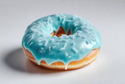 The primary subject of the image is a frosted blue donut with white sprinkles. The donut is placed on a white surface, which serves as the background. The visual style of the image is a photo, capturing the details of the donut and its surroundings. The dominant colors in the image are blue and white, creating a cool and refreshing atmosphere.