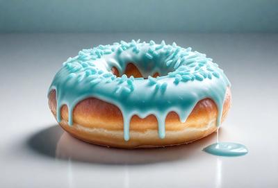 The primary subject of the image is a donut with blue frosting. The donut is placed on a white surface, which serves as the setting or background. The visual style of the image is a photo, capturing the details of the donut and its frosting. The dominant colors in the image are blue and white, creating a cool and refreshing atmosphere.