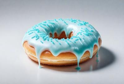 The primary subject of the image is a donut with blue frosting. The donut is placed on a white surface, which serves as the background. The visual style of the image is a photo, capturing the details of the donut and its frosting. The dominant colors in the image are blue and white, creating a cool and refreshing atmosphere.
