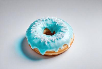 The primary subject of the image is a frosted donut with a blue glaze. The donut is placed on a white surface, which serves as the background. The visual style of the image is a photo, capturing the details of the donut and its glaze. The dominant colors in the image are blue and white, creating a cool and refreshing atmosphere.