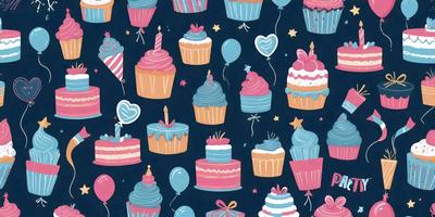 The primary subject of the image is a collection of cupcakes and balloons. The cupcakes are in various colors and sizes, and they are arranged in a pattern. The balloons are also in different colors and sizes, and they are scattered throughout the scene. The setting is a blue background, which adds a vibrant and lively atmosphere to the image. The visual style is a combination of digital art and illustration, creating a fun and playful mood.