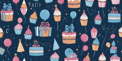 The primary subject of the image is a collection of cupcakes and balloons. The cupcakes are in various sizes and colors, and they are scattered throughout the scene. The balloons are also present, with some being larger and others smaller. The setting appears to be a celebration or a party, as indicated by the presence of these festive elements. The visual style of the image is a combination of digital art and illustration, creating a vibrant and lively atmosphere. The dominant colors in the image are p