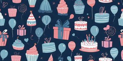 The primary subject of the image is a collection of cakes and balloons. The setting is a blue background, and the visual style is a patterned design. The colors and mood are predominantly blue and pink, creating a cheerful and festive atmosphere.