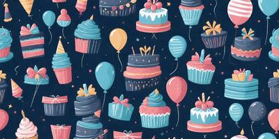 The primary subject of the image is a collection of cupcakes and balloons. The cupcakes are in various sizes and colors, and they are arranged in a pattern. The balloons are also in different sizes and colors, and they are scattered throughout the scene. The setting is a blue background, which adds a vibrant and lively atmosphere to the image. The visual style is a combination of digital art and illustration, creating a fun and playful mood.
