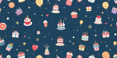 The primary subject of the image is a collection of cakes and balloons. The setting is a blue background, and the visual style appears to be a digital art or illustration. The colors are predominantly pink and blue, creating a festive and cheerful atmosphere.