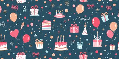 The primary subject of the image is a birthday cake, which is surrounded by various birthday decorations. The setting is a blue background, and the visual style is a combination of digital art and illustration. The colors and mood of the image are predominantly pink and celebratory, with the birthday cake being the centerpiece of the scene.