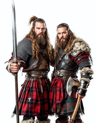 The primary subject of the image is two men dressed in medieval armor, standing next to each other and holding swords. They are wearing plaid kilts, which adds a Scottish touch to their attire. The setting is a white background, which provides a clean and uncluttered environment for the image. The visual style is a combination of photo and digital art, creating a realistic yet stylized representation of the two men in medieval armor. The colors and mood of the image are predominantly dark and dram