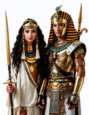 The primary subject of the image is a man and a woman dressed in Egyptian costumes, standing next to each other. They are both holding swords, which adds a sense of drama and historical context to the scene. The setting appears to be a white background, which helps to emphasize the subjects and their costumes. The visual style of the image is a combination of photo and digital art, creating a realistic yet artistic representation of the Egyptian-themed characters. The colors and mood of the image are predominantly