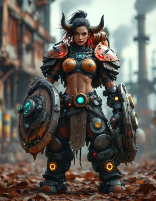 The primary subject of the image is a woman dressed in a futuristic armor, standing in a dystopian setting. She is wearing a metal suit with a chainmail design and is holding a large shield. The setting includes a rusty environment, with a backdrop of a cityscape. The visual style of the image is a combination of photo and digital art, creating a unique and intriguing scene. The colors and mood of the image are dark and moody, with the woman's armor and