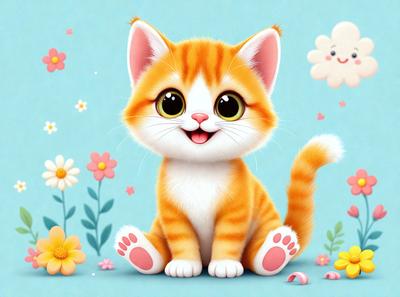 The primary subject of the image is a cute, cartoon-like orange and white kitten sitting on a blue surface. The kitten is surrounded by a variety of flowers, which adds a vibrant and cheerful atmosphere to the scene. The visual style of the image is a combination of digital art and illustration, creating a whimsical and playful mood.
