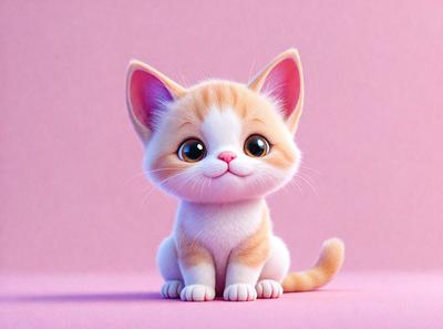 The primary subject of the image is a small, cute, and colorful cat. The cat is sitting on a pink surface, which serves as the setting or background. The visual style of the image is digital art, as it is a well-rendered and detailed illustration of the cat. The dominant colors in the image are pink and orange, creating a warm and inviting atmosphere.