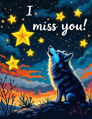 The primary subject of the image is a wolf, which is the main object, scene, or focus of the image. The wolf is sitting on a rock, looking up at the night sky. The setting/background features a night sky filled with stars, creating a serene and peaceful atmosphere. The visual style of the image is a digital art or illustration, as it is a well-crafted and detailed representation of the wolf. The colors and mood of the image are predominantly dark and moody, with