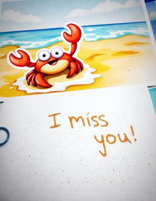 The primary subject of the image is a crab, which is depicted in a cartoon-like manner. The crab is sitting on a beach, with a sandy background visible. The visual style of the image is a combination of digital art and illustration, giving it a fun and playful appearance. The colors and mood of the image are predominantly warm and cheerful, with the crab being the main focus of the scene.