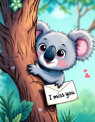 The primary subject of the image is a cute, colorful cartoon koala bear. The koala is holding a card that reads "I miss you." The setting is a tree, with the koala hanging from it. The visual style is a cartoon illustration, and the colors and mood are cheerful and heartwarming.
