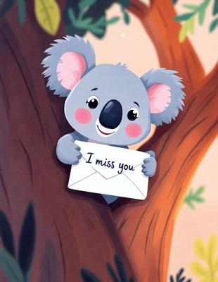 The primary subject of the image is a cartoon koala bear holding a sign that says "I miss you." The setting is a tree, with the koala sitting on a branch. The visual style is a digital illustration, and the colors and mood are warm and friendly.