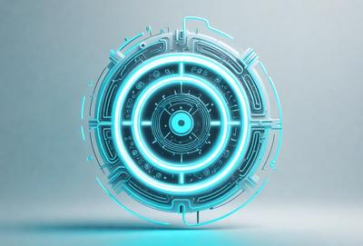 The primary subject of the image is a futuristic, blue, circular object with a glowing, neon-like appearance. The setting is a white background, which contrasts with the blue object. The visual style is a combination of digital art and illustration, creating a unique and captivating image. The colors and mood of the image are predominantly blue and futuristic, giving the impression of advanced technology or a futuristic environment.