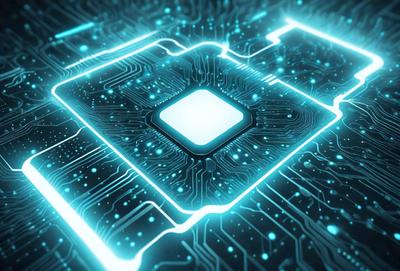 The primary subject of the image is a blue square with a white square in the middle. The setting is a computer circuit board, and the visual style is digital art. The dominant colors are blue and white, creating a calm and modern atmosphere.