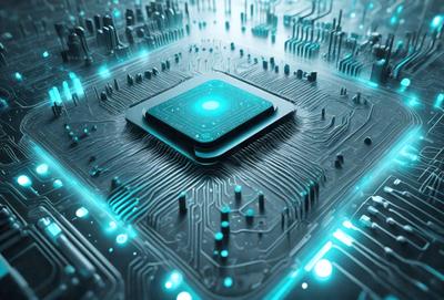The primary subject of the image is a computer chip with a blue square on top of it. The setting is a computer circuit board, and the visual style is a digital art or illustration. The dominant colors are blue and green, creating a calm and technological atmosphere.